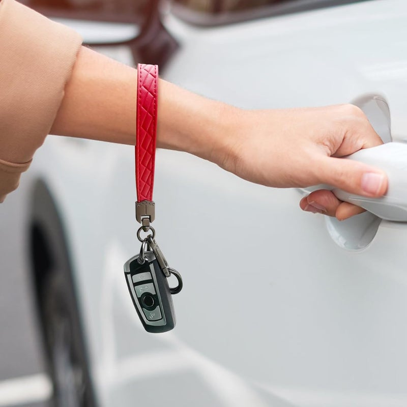 OHKYOOT Store Leather Wristlet Keychain,Car Key Chain Wrist Keychain with 3 Key Ring and Anti-Lost D Ring (Red Black) - Image 3